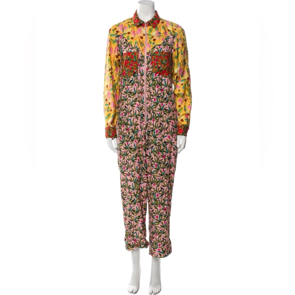 Farm Rio Floral Print Colorblock Long Sleeve Zip Front Jumpsuit